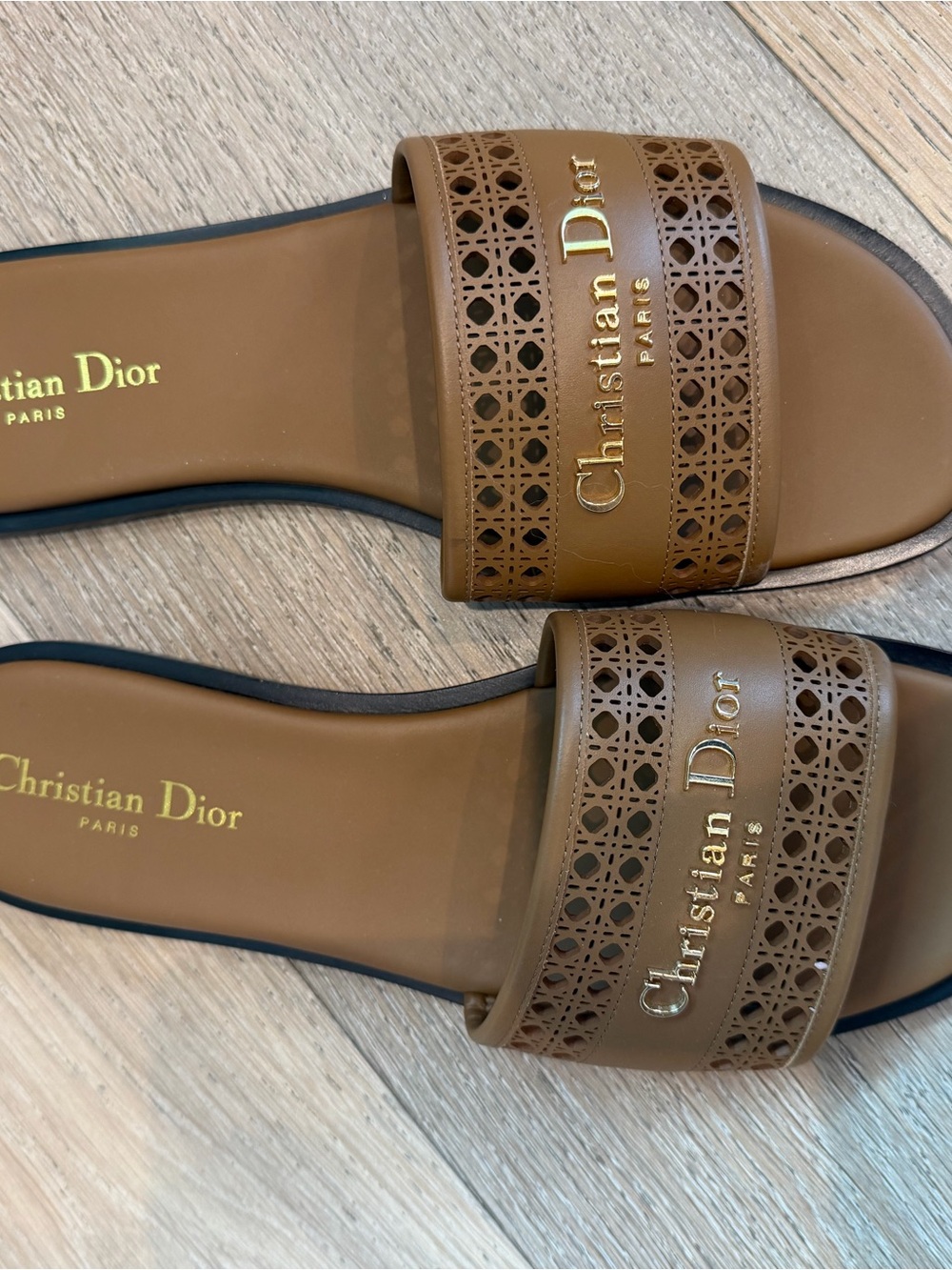 Dior Brown Leather Slide Sandals with Gold Logo - never worn